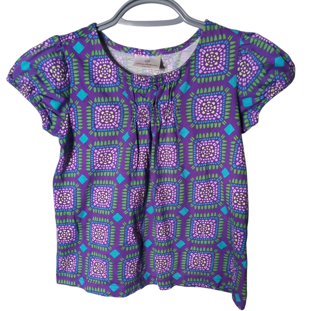 Hanna Andersson Size 6/7 (120cm)  Purple/Green Short Sleeve‎ Geometric Shirt